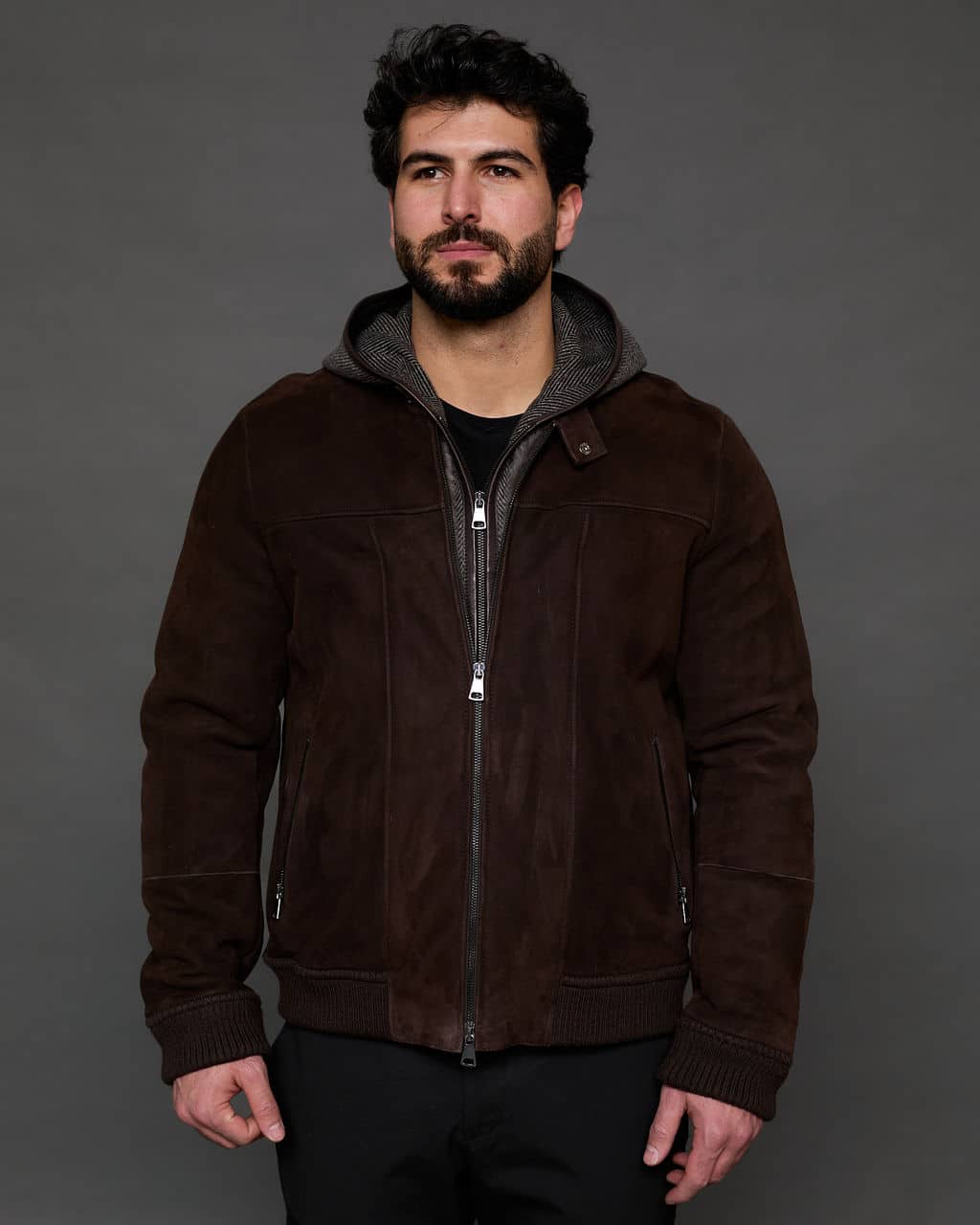 The Mathew - Merino Lamb Jacket with Cashmere Blended Hood - Brown - Front