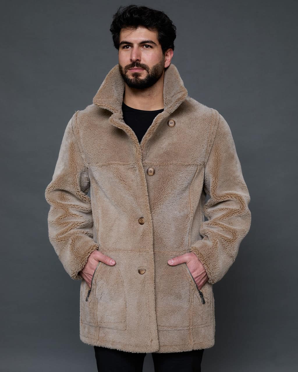 The Rebel camel merino reversible lamb shearling coat, fur-side out, front