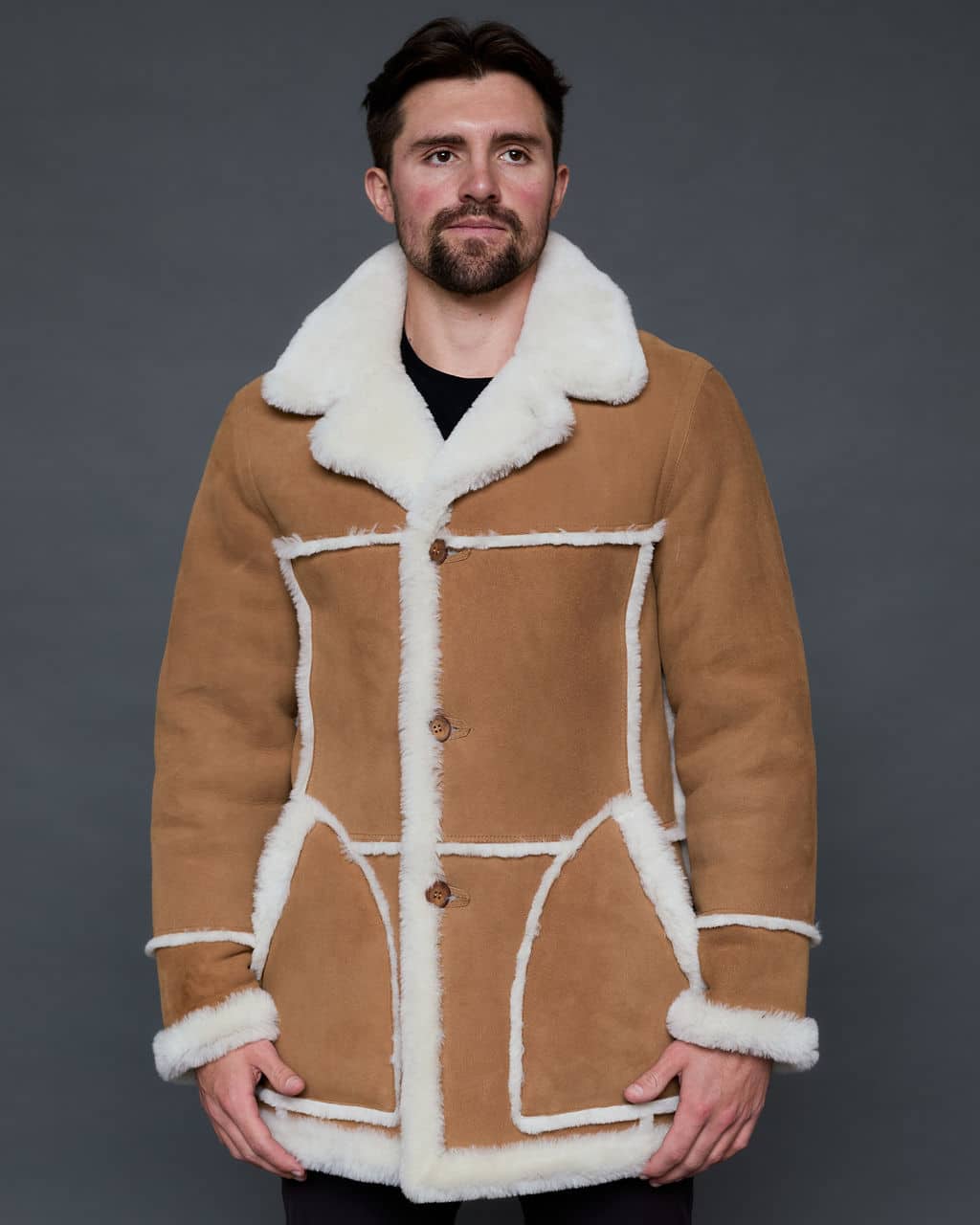 The Rebel reversible merino lamb shearling coat - whiskey - front