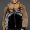 CAMILLA RED FOX JACKET FRONT woman in a red and black jacket against a grey background
