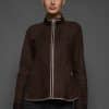 IMANI BROWN TAN JACKET FRONT woman in a dark brown jacket against a grey background