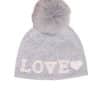 Beanie Grey Love A grey beanie with the word "love" embroidered on it and a fox fur pom pom on it atop a white background.