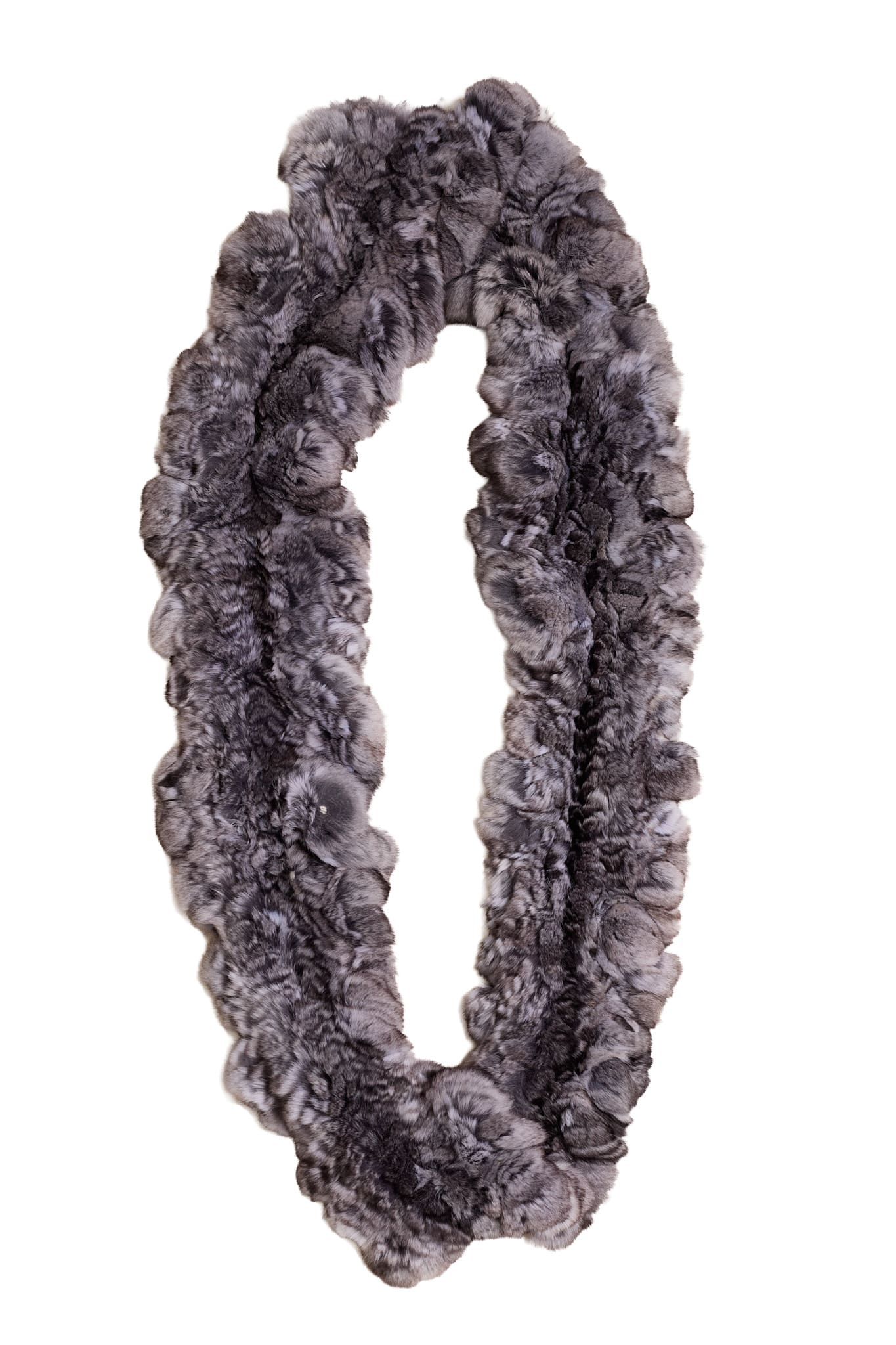 A Knit Chinchilla Fur Infinity Scarf folded on top of a white background.
