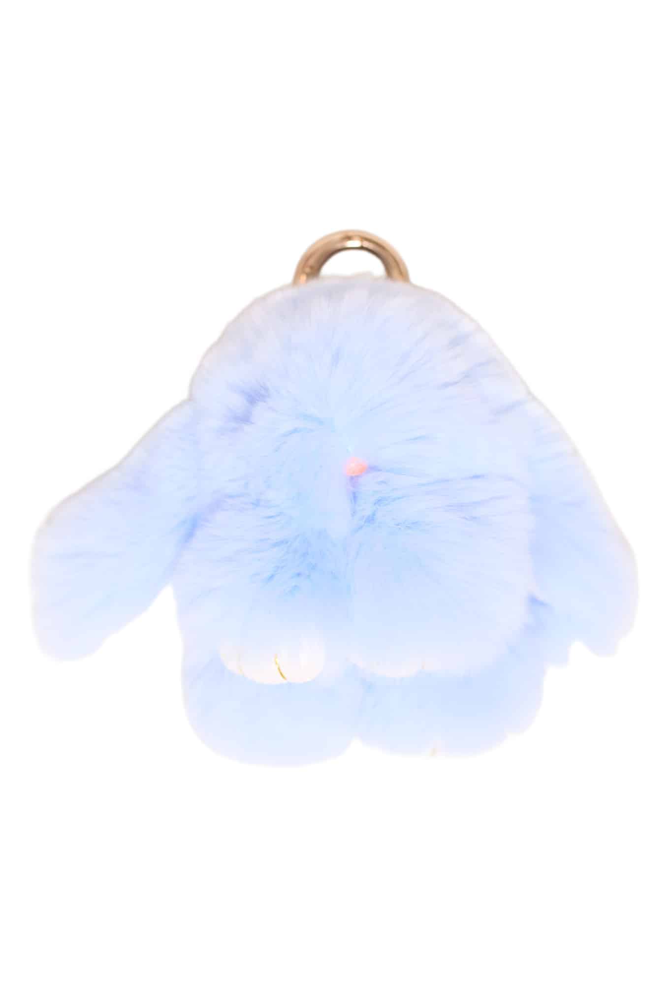 Blue colored chinchilla rex rabbit keychain arranged atop a white background.