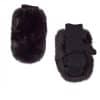 Two black fingerless mittens arranged atop a white background.
