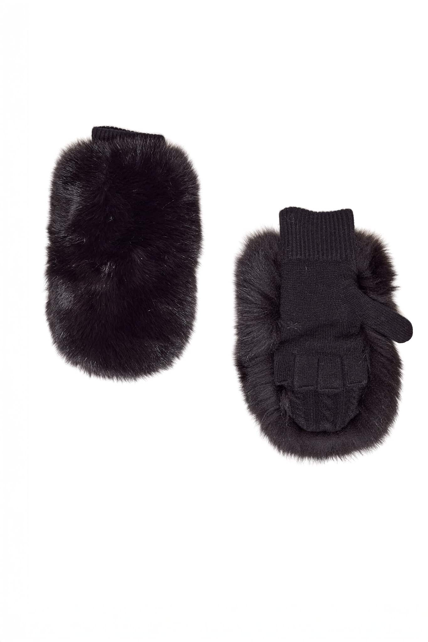Two black fingerless mittens arranged atop a white background.