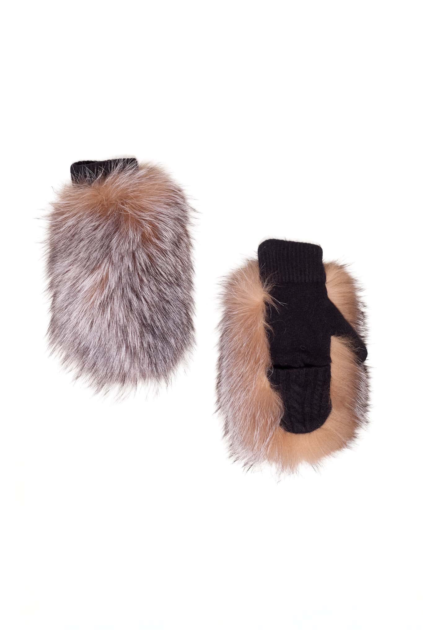 Two crystal fox fingerless mittens arranged atop a white background.