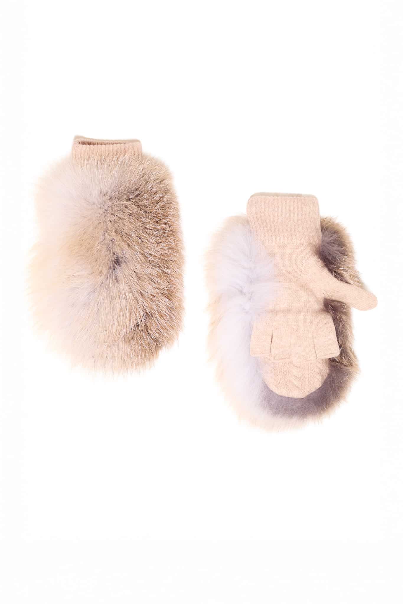 Two golden isle fox fingerless mittens arranged atop a white background.