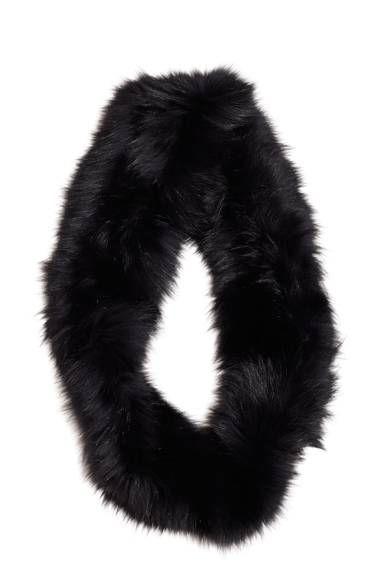 Black fox infinity scarf folded against a white background.