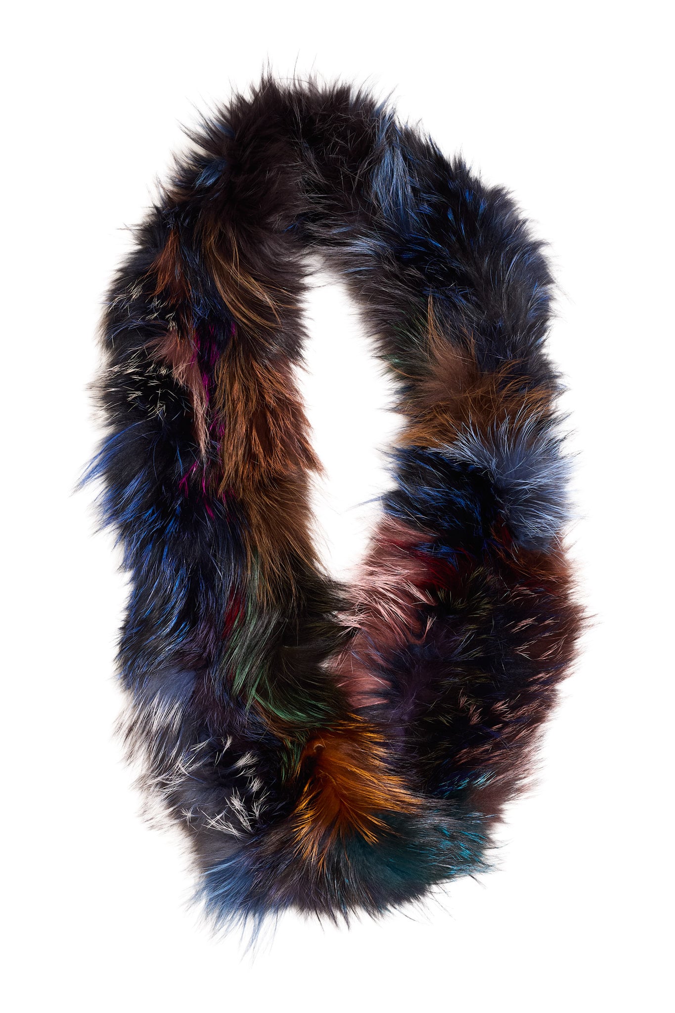 Multi-colored Fox Fur Infinity Scarf folded against a white background.