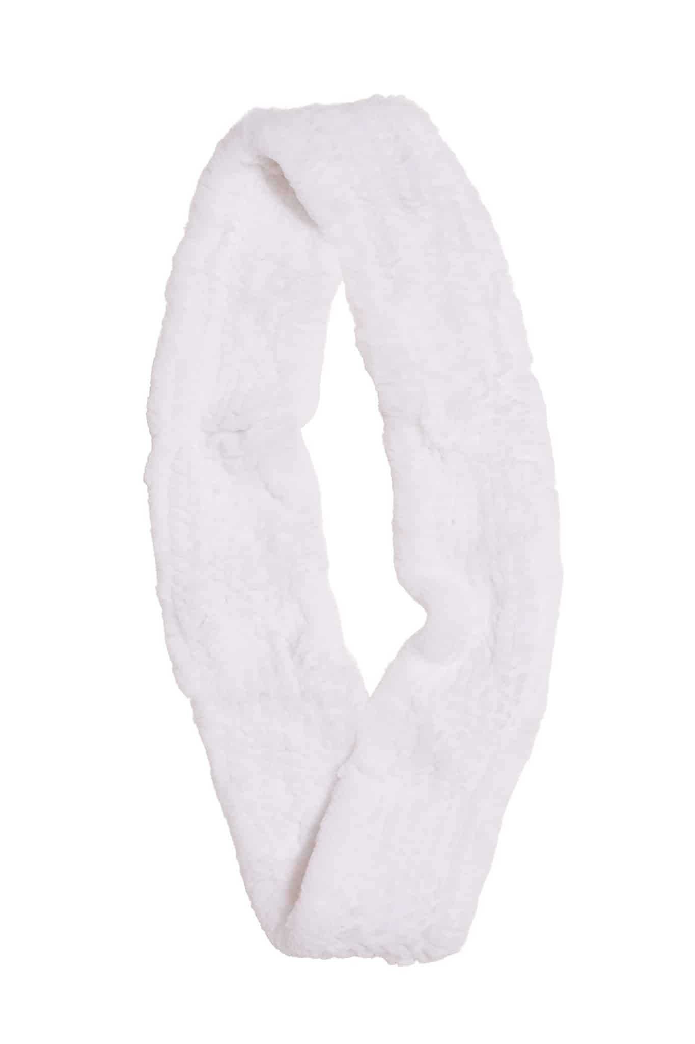 Infinity Scarf Rex HL8W024 White A white Knit Chinchilla Rex Infinity Scarf folded against a white background.