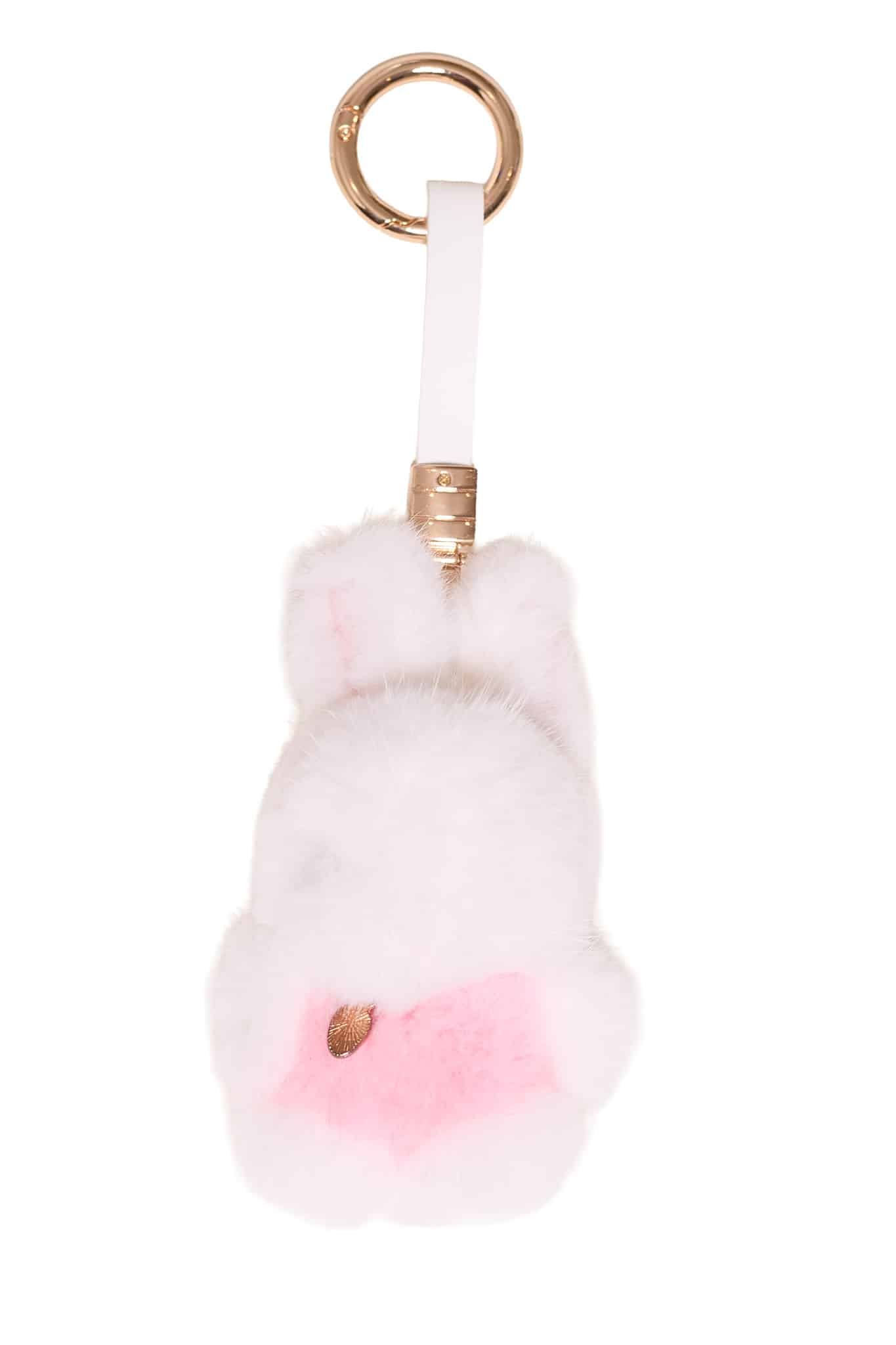 Mink Bunny Keychain Carrot White White colored mink bunny keychain with a carrot on its chest arranged atop a white background.