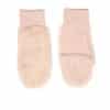 Two blush colored fingerless mink fur gloves arranged atop a white background