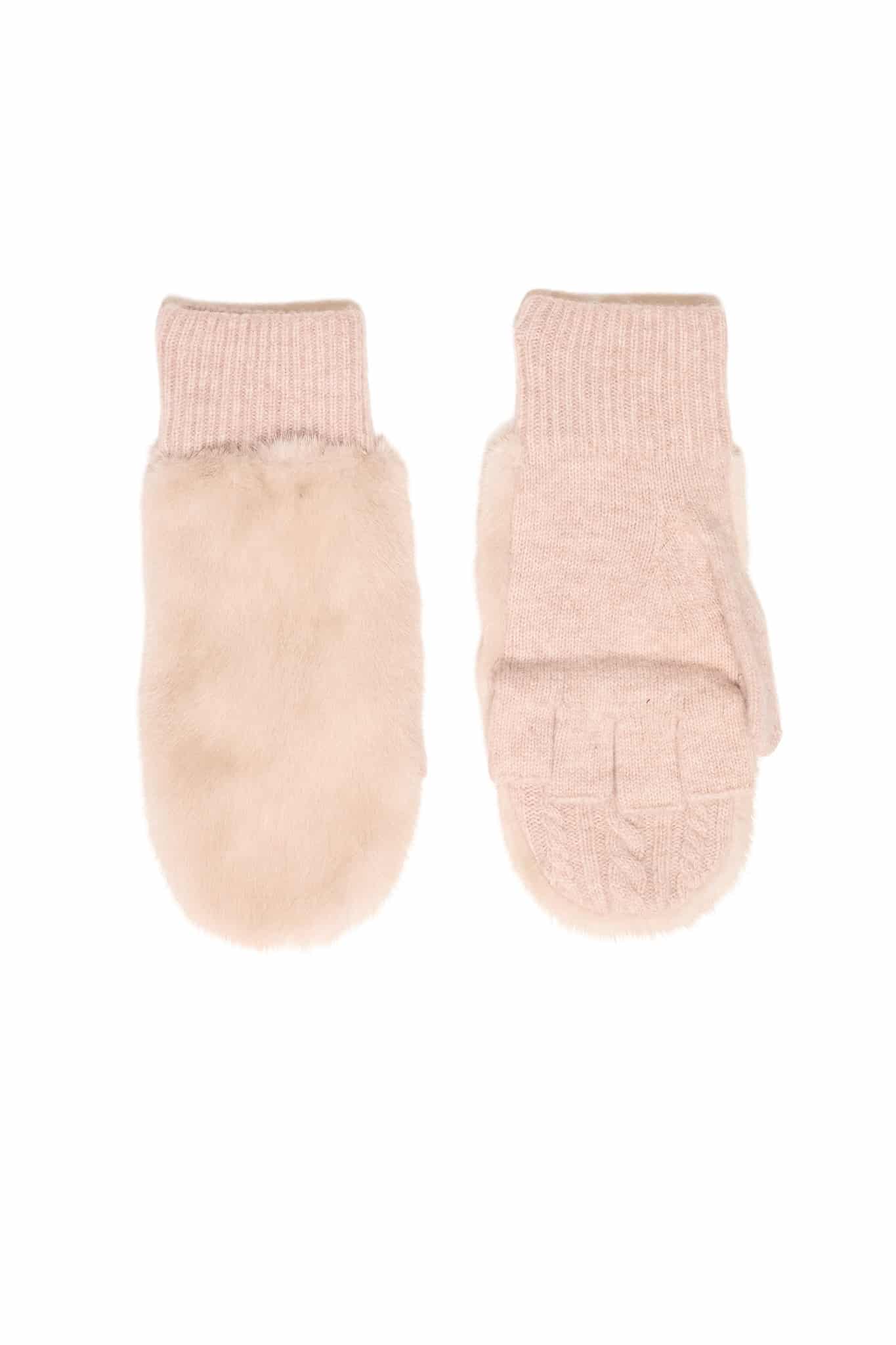 Two blush colored fingerless mink fur gloves arranged atop a white background