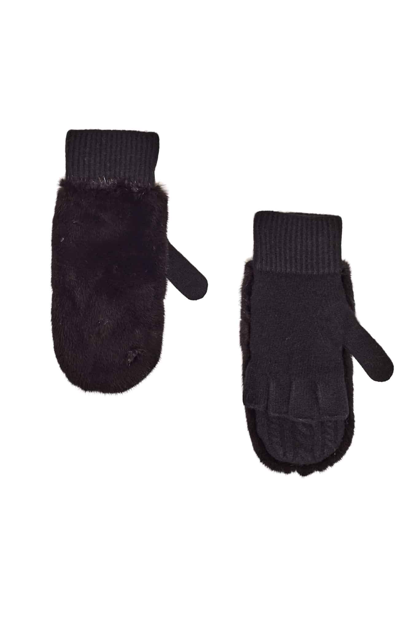 Two ranch colored fingerless mink fur gloves arranged atop a white background