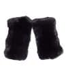 Two black colored knit chinchilla rex fingerless gloves arranged atop a white background.