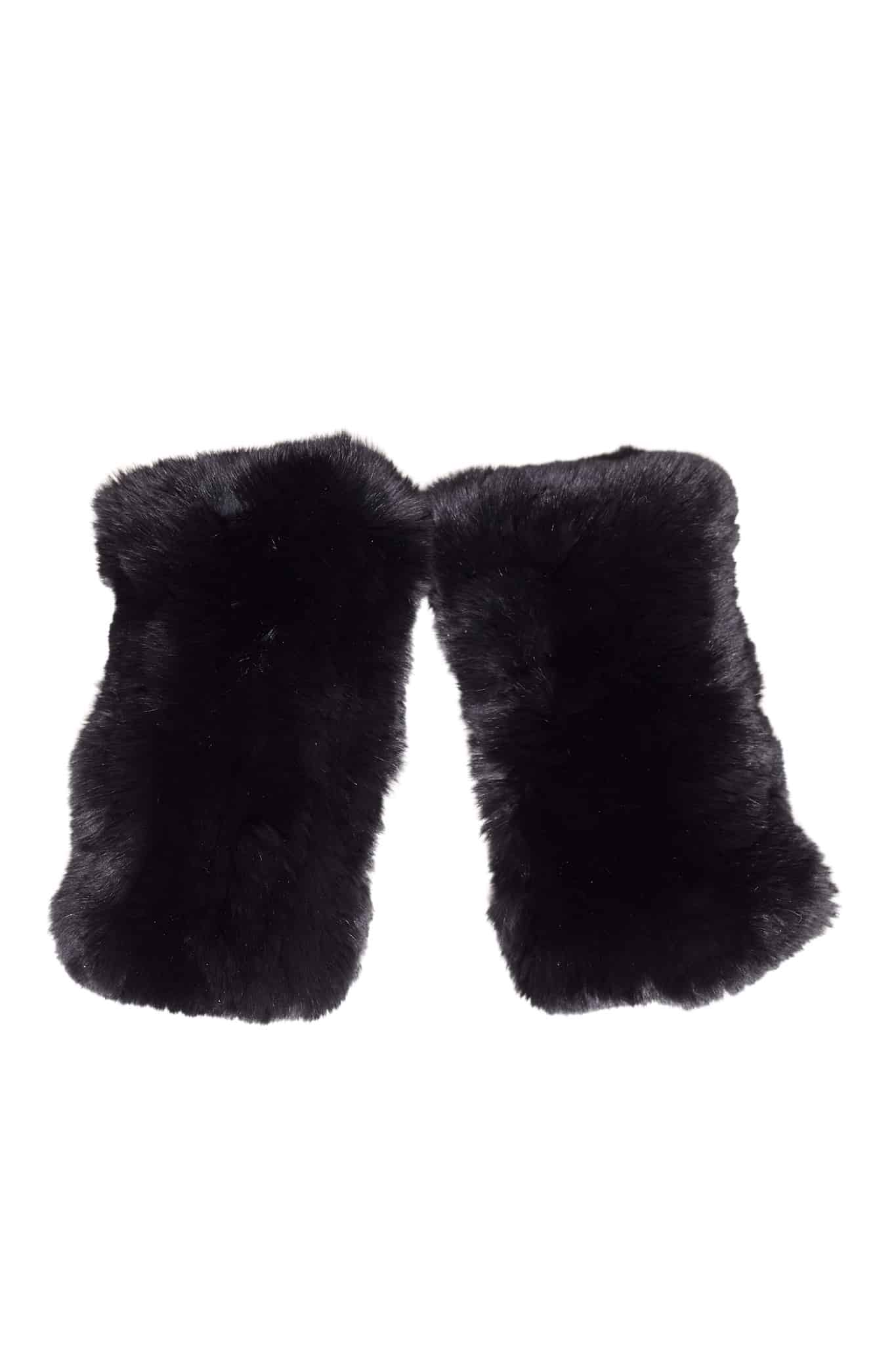 Two black colored knit chinchilla rex fingerless gloves arranged atop a white background.