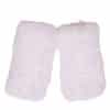 Two white colored knit chinchilla rex fingerless gloves arranged atop a white background.