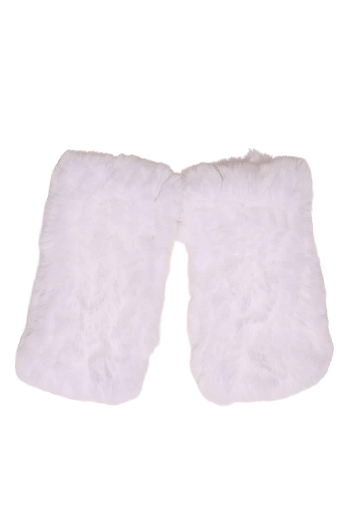 Two white colored knit chinchilla rex fingerless gloves arranged atop a white background.
