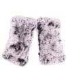 Two grey snow colored knit chinchilla rex fingerless gloves arranged atop a white background.