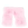 Two pink colored knit chinchilla rex fingerless gloves arranged atop a white background.