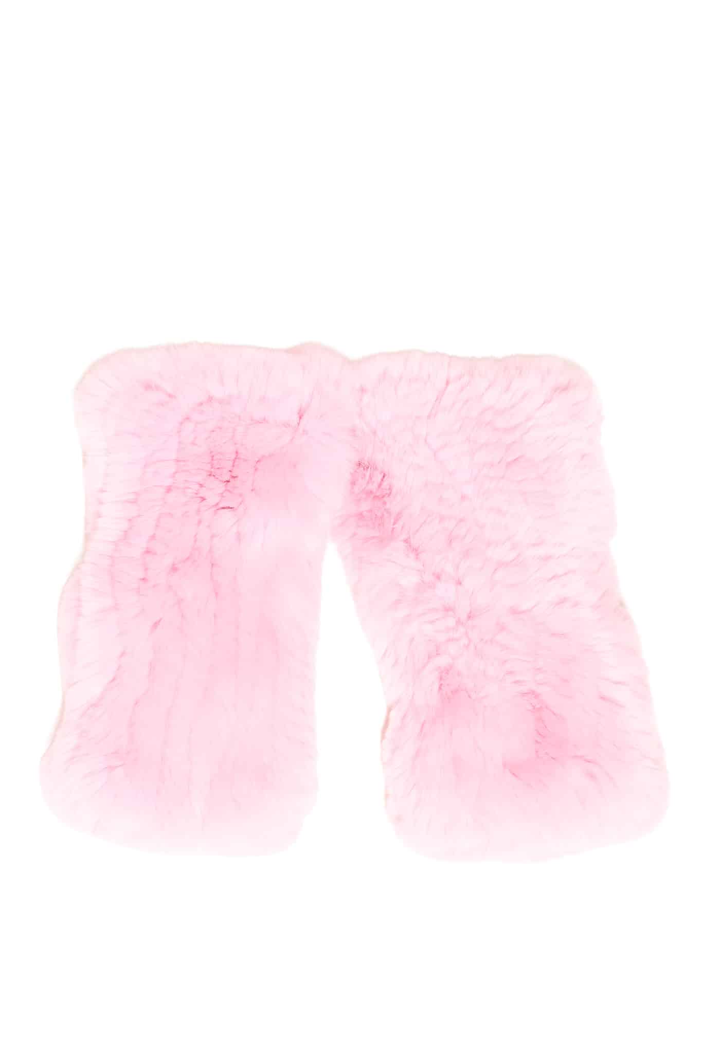Two pink colored knit chinchilla rex fingerless gloves arranged atop a white background.
