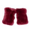 Two burgundy colored knit chinchilla rex fingerless gloves arranged atop a white background.