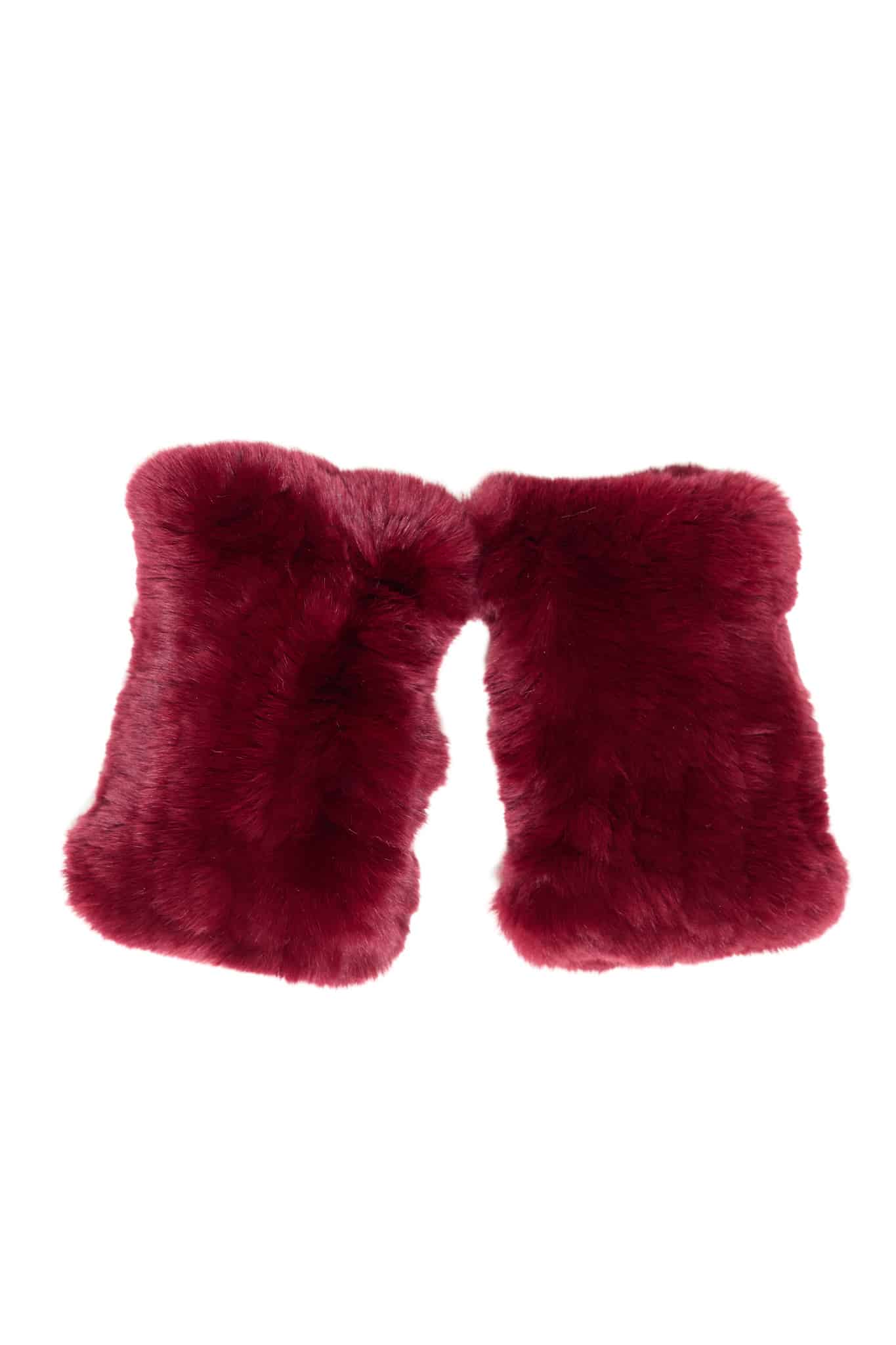 Two burgundy colored knit chinchilla rex fingerless gloves arranged atop a white background.