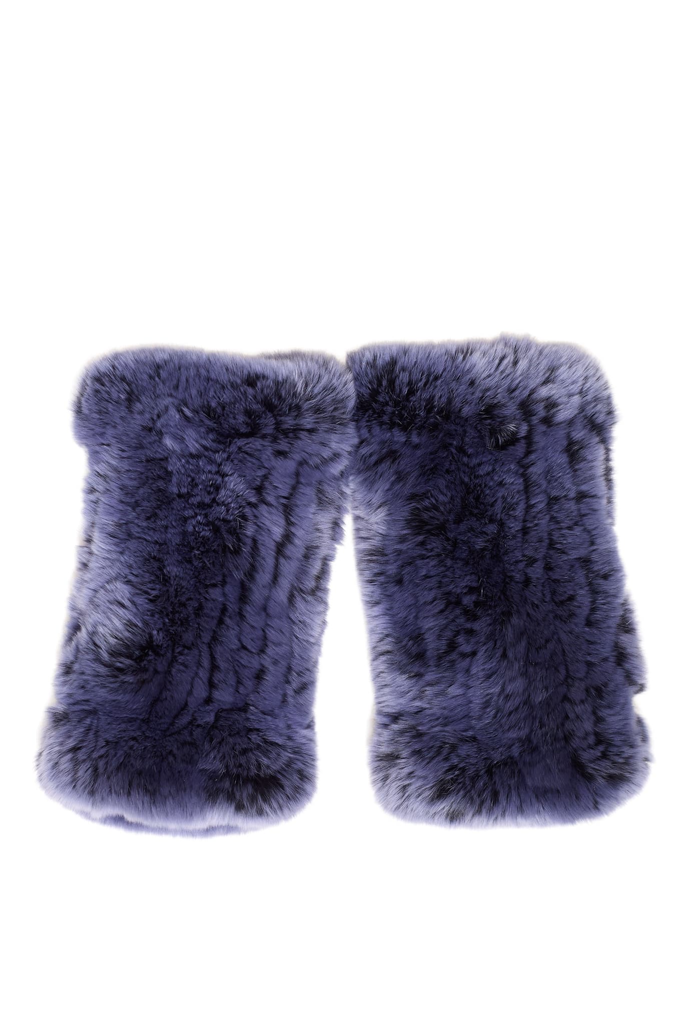 Two blue snow colored knit chinchilla rex fingerless gloves arranged atop a white background.