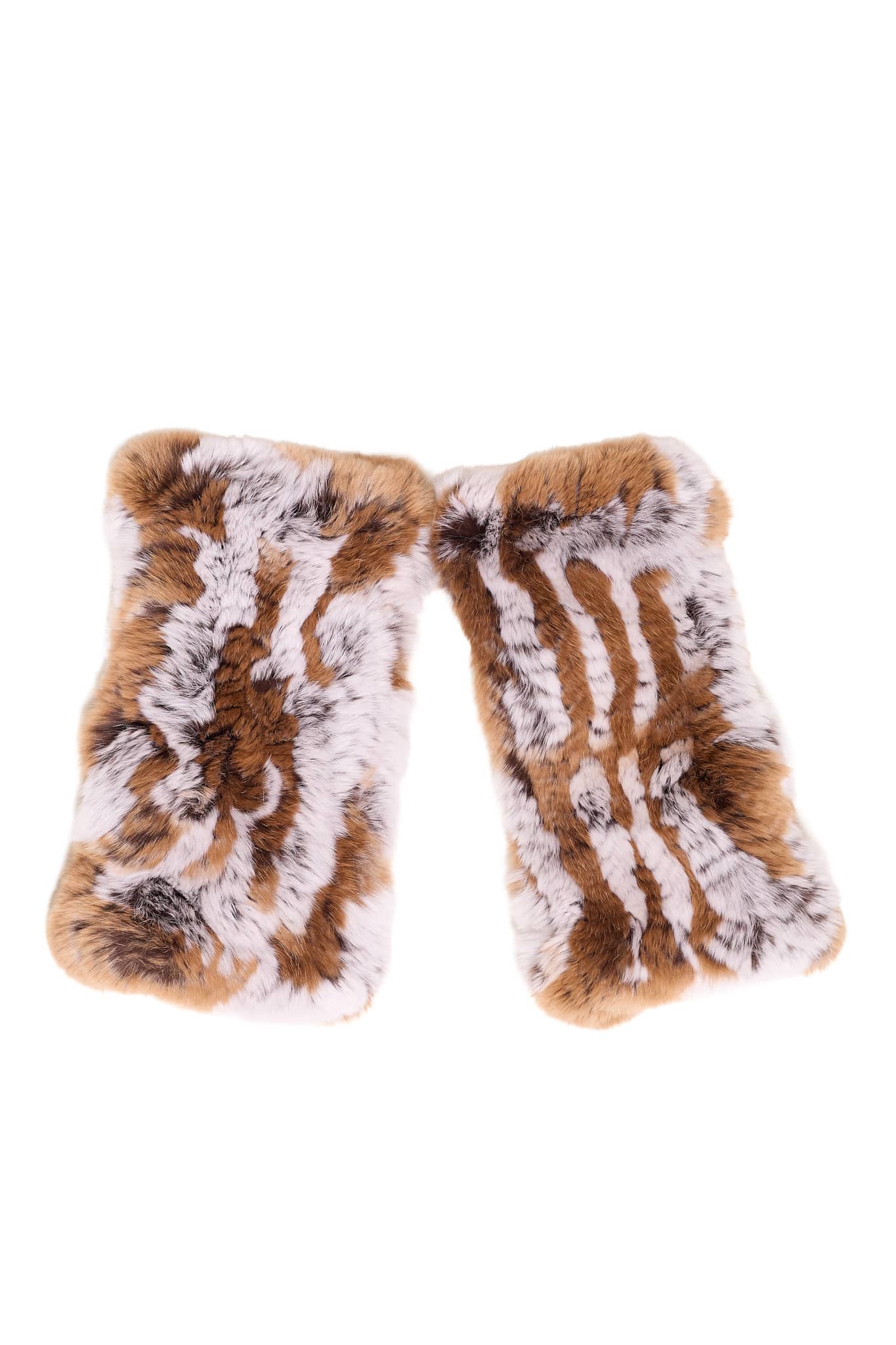 Two copper colored knit chinchilla rex fingerless gloves arranged atop a white background.
