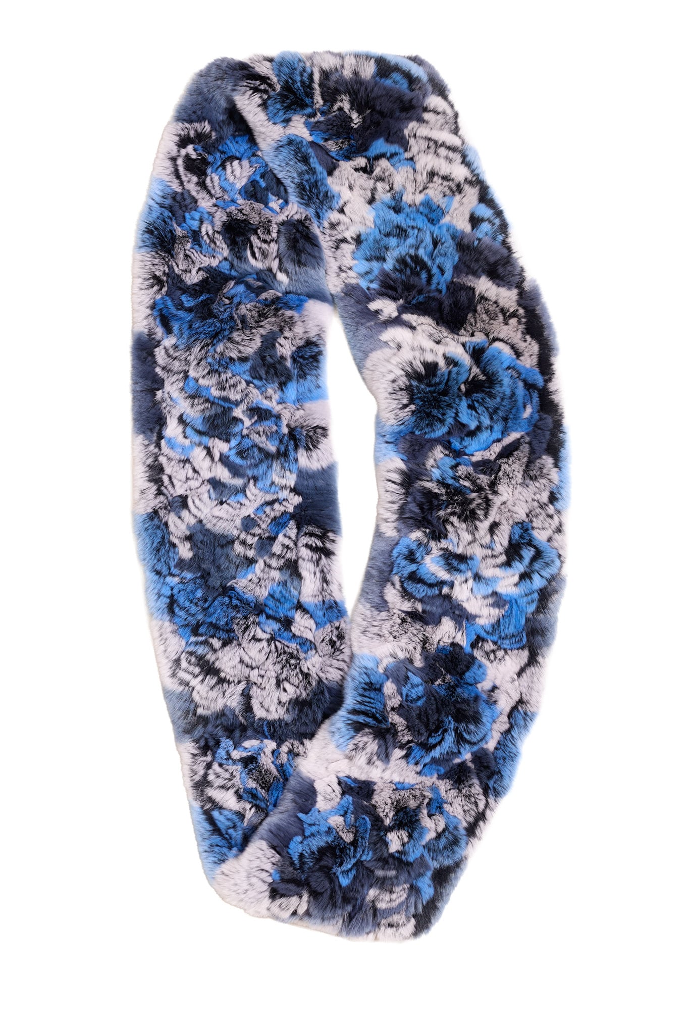A multi-blue chinchilla rex infinity scarf folded on top of a white background.