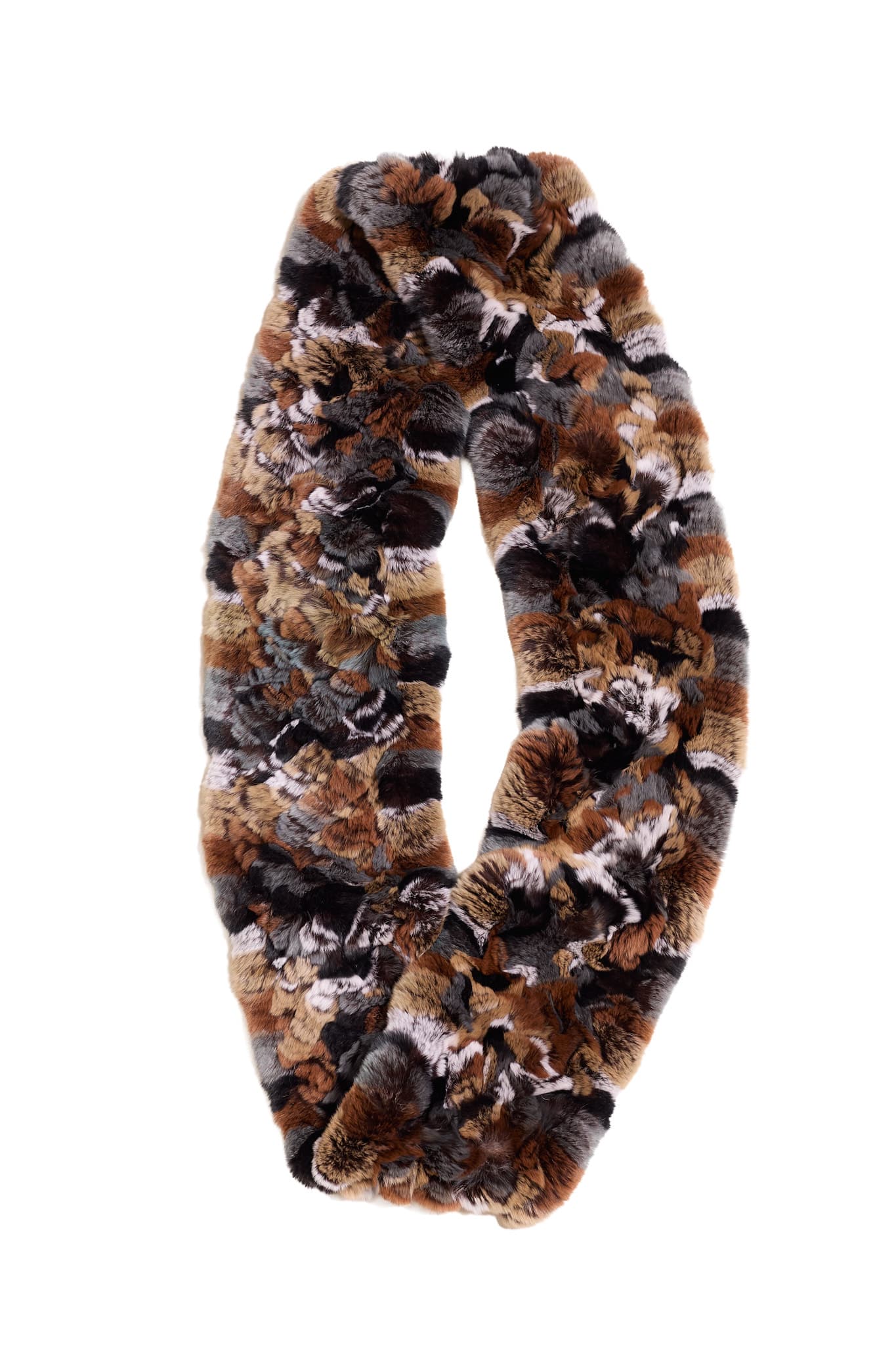 A multi-brown chinchilla rex infinity scarf folded on top of a white background.