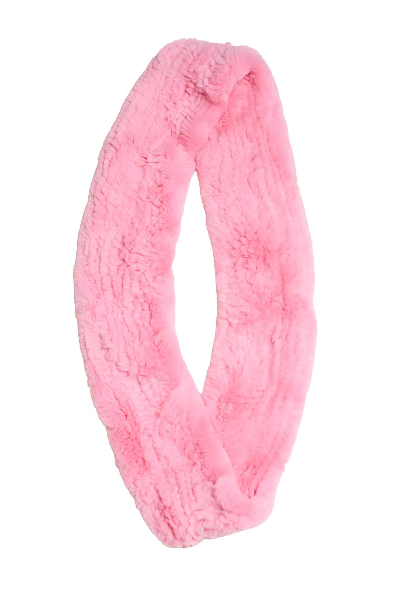 Rex Scarf Infinity HL8W024 Pink A pink Knit Chinchilla Rex Infinity Scarf folded against a white background.