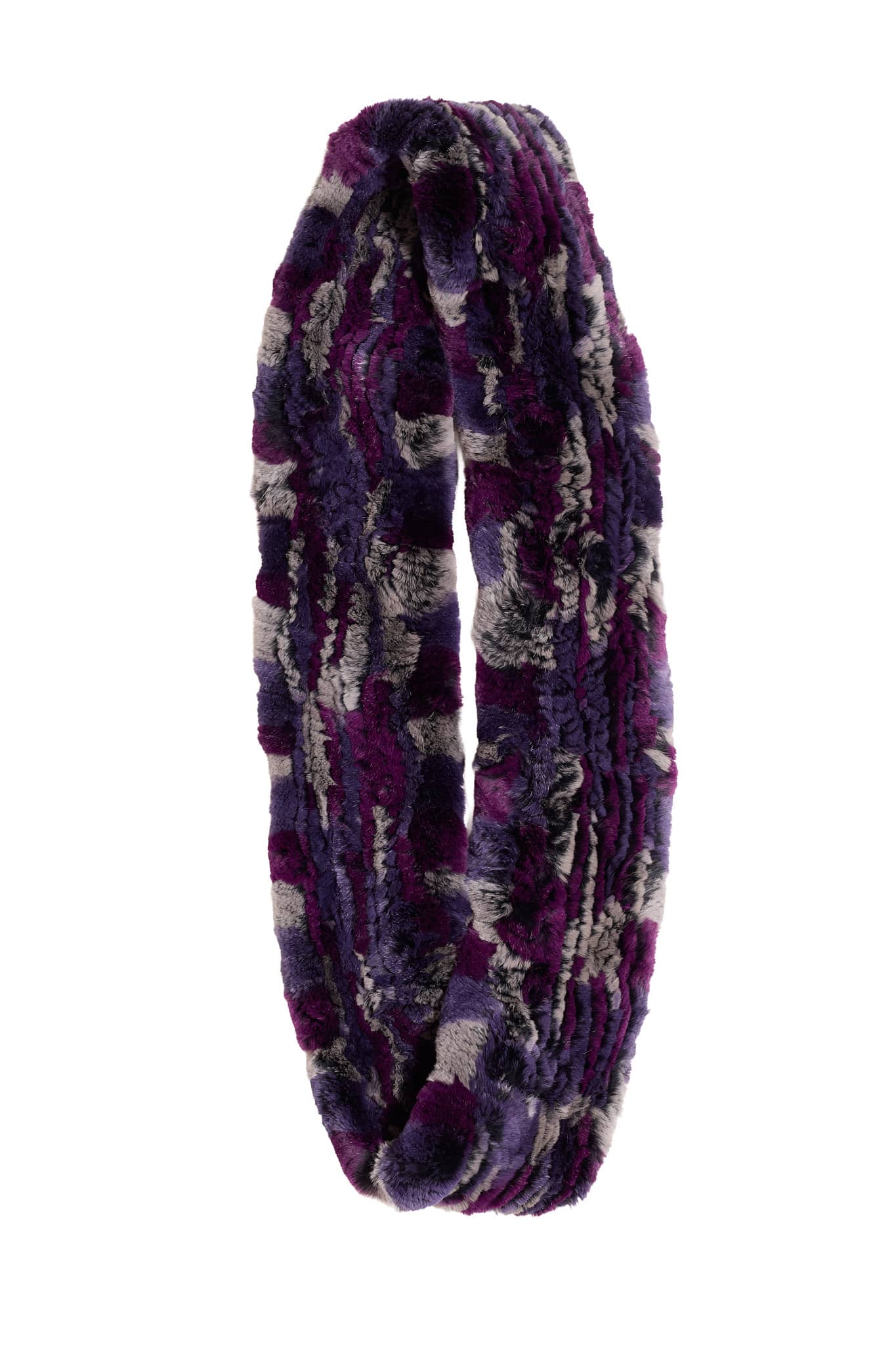 A multi-color purple Knit Chinchilla Rex Infinity Scarf folded against a white background.