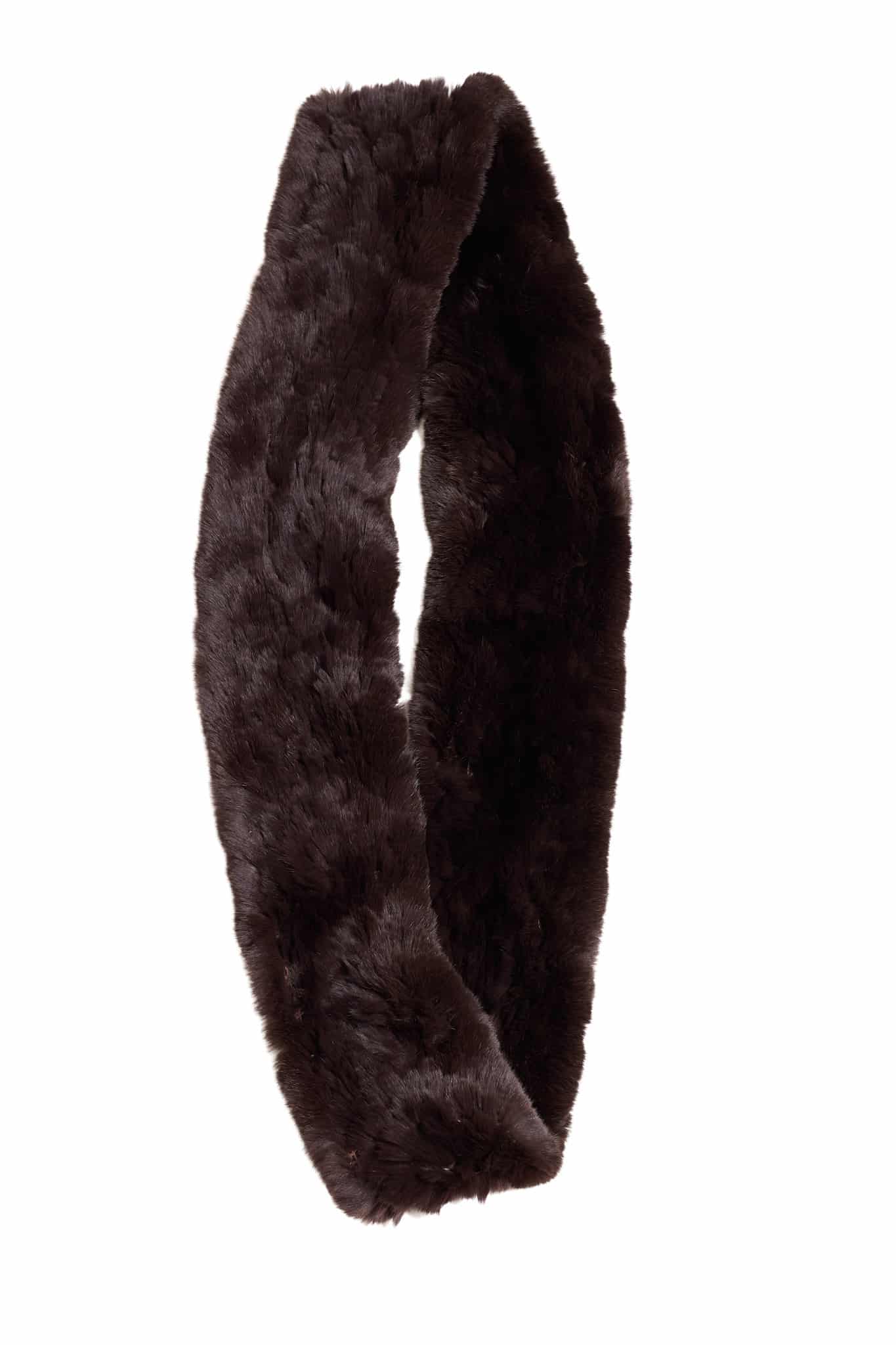 A brown chinchilla rex fur infinity scarf folded over a white background.