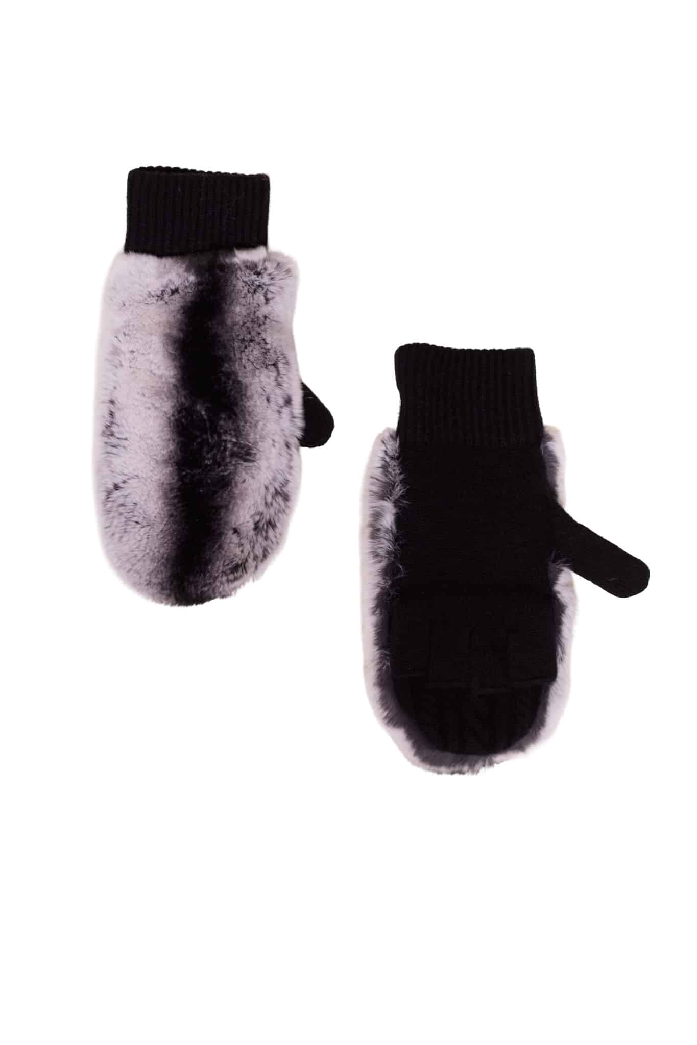 Two chinchilla rex fur fingerless gloves arranged side-by-side atop a white background