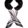 A black colored fox collar with removable silk scarf inserted inside of it arranged on top of a white background.