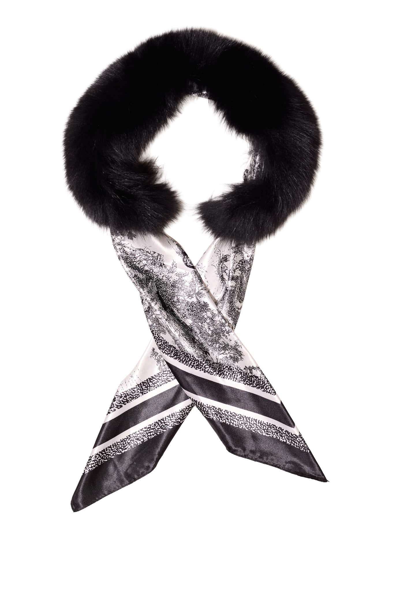 A black colored fox collar with removable silk scarf inserted inside of it arranged on top of a white background.
