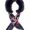 A navy blue colored fox collar with removable silk scarf inserted inside of it arranged on top of a white background.