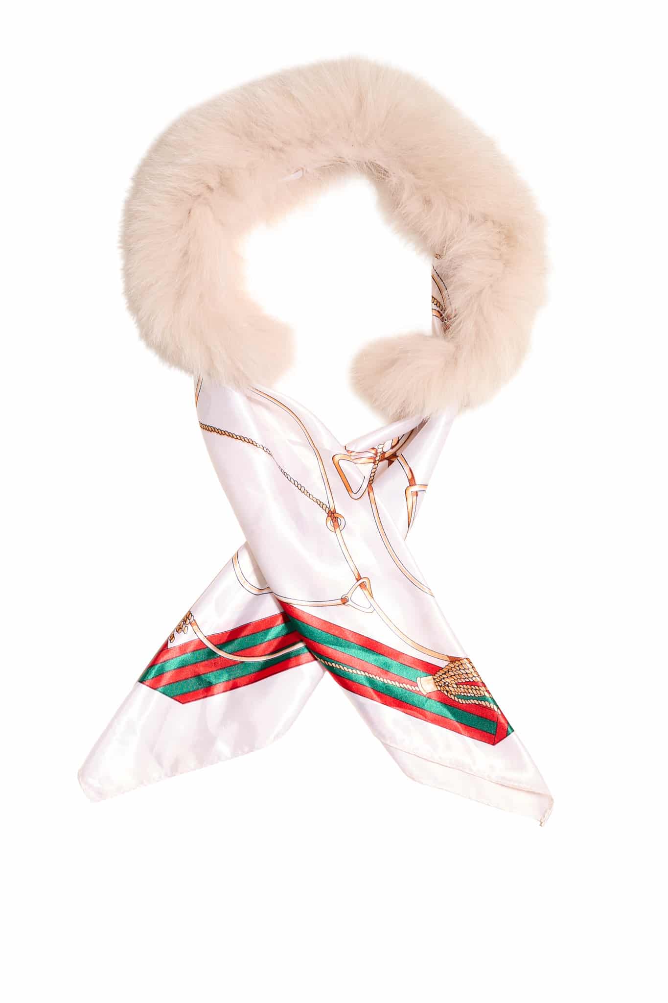 A blush colored fox collar with removable silk scarf inserted inside of it arranged on top of a white background.