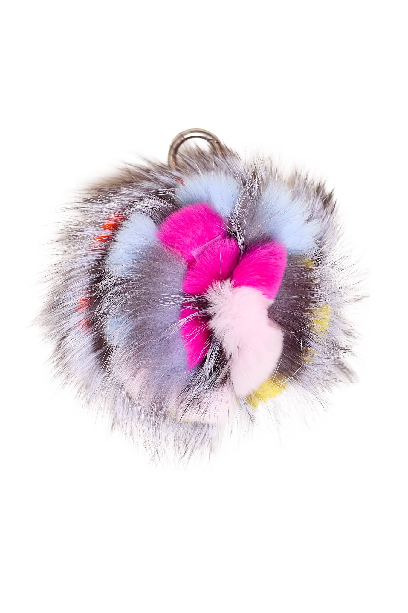 Multicolored chinchilla rex and fox fur pom keychain arranged atop a white background.