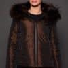 GIA MINK ESPRESSO SILVER FOX REVERSED FRONT the front of a woman in a brown fur jacket against a grey background