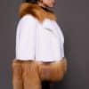 MARLEY MINK JACKET RED FOX SIDE the side of a woman in a red and white fur jacket against a grey backdrop