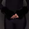 REX RABBIT KNIT GLOVES BLACK Image of a hands wearing blue knitted fur fingerless gloves
