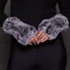 REX RABBIT KNIT GLOVES GREY Image of a hands wearing grey knitted fur fingerless gloves
