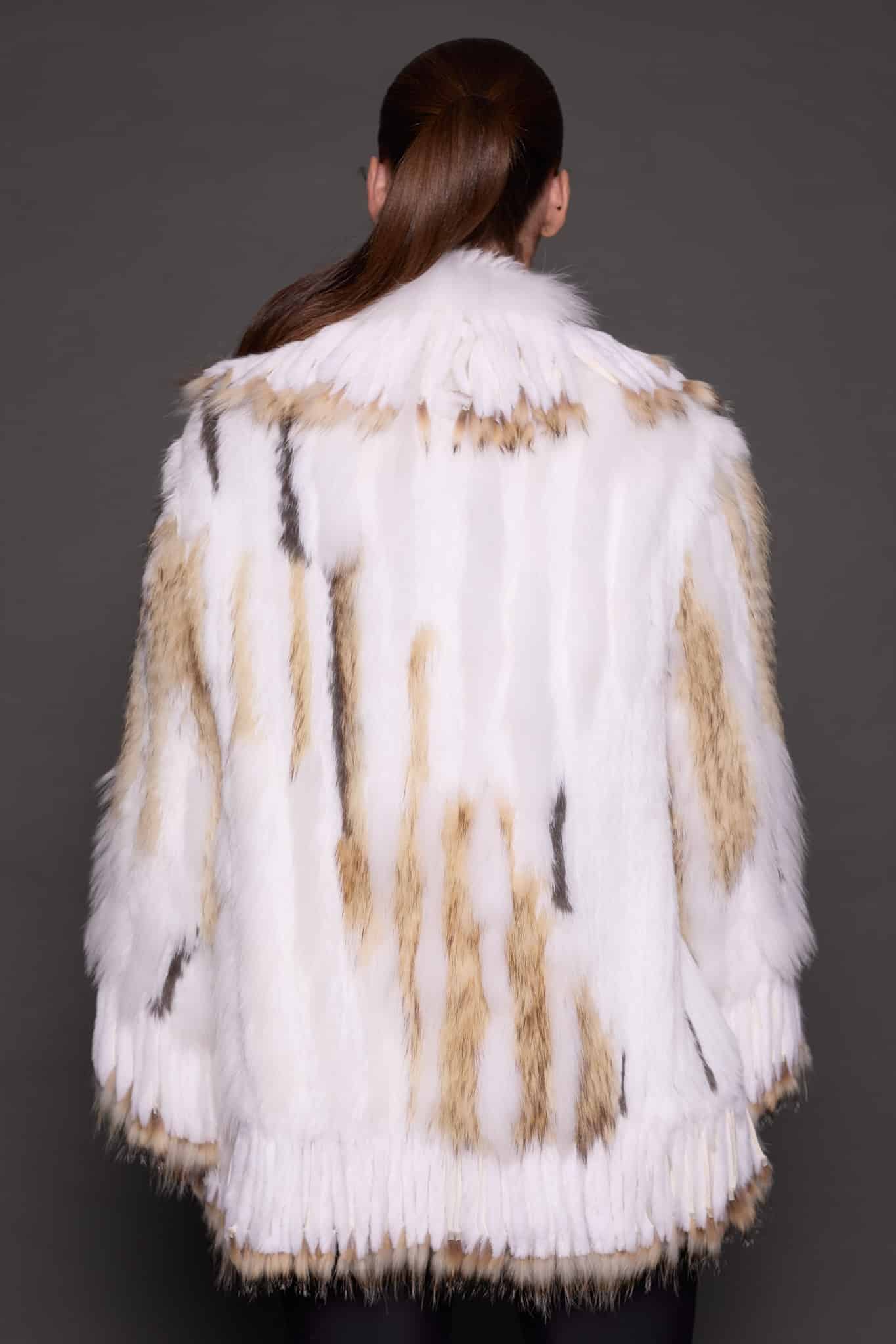 SASCHA REX KNIT WHITE BACK the back of a woman in a white fur knitted jacket against a grey background